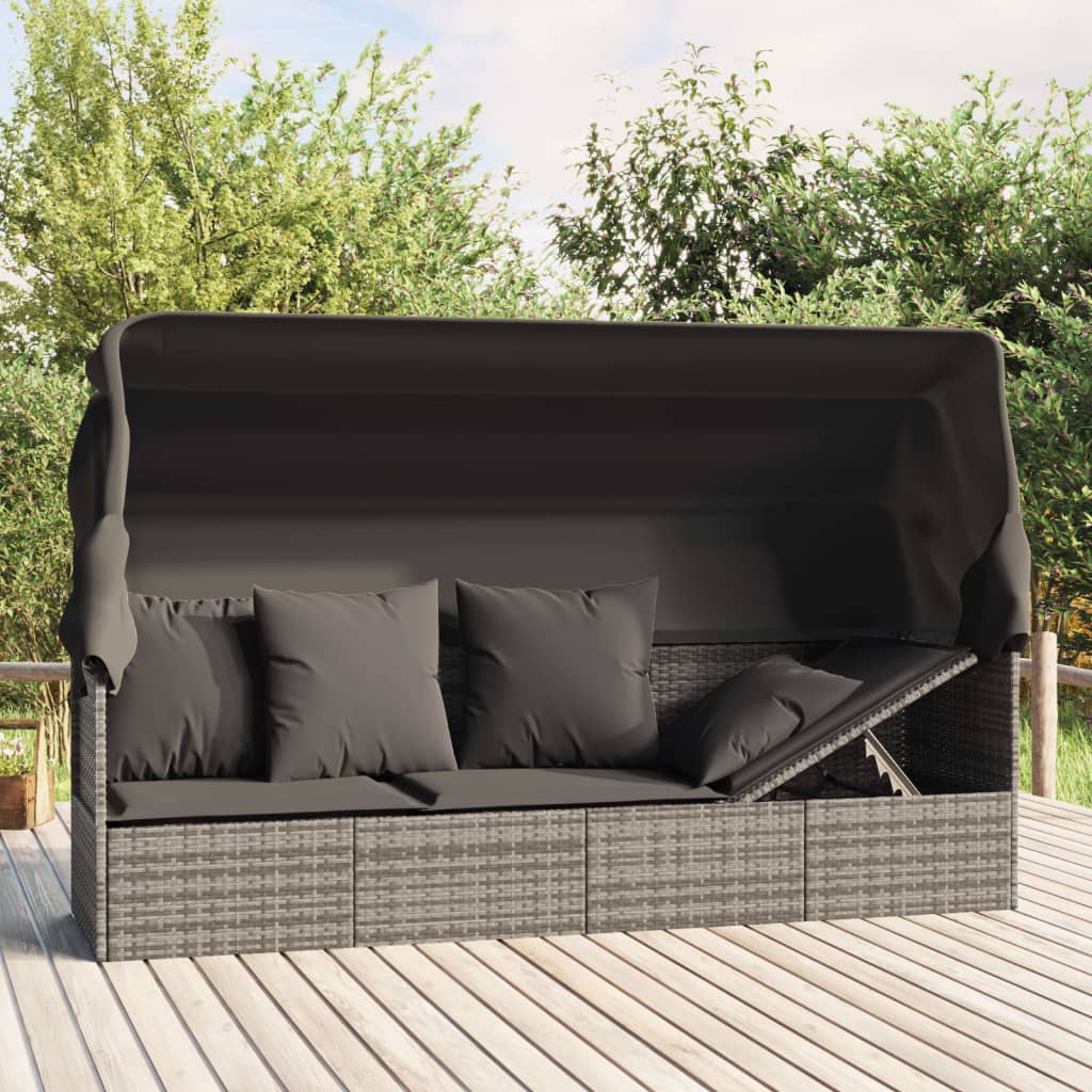 Patio Lounge Bed With Roof And Cushions Brown Poly Rattan