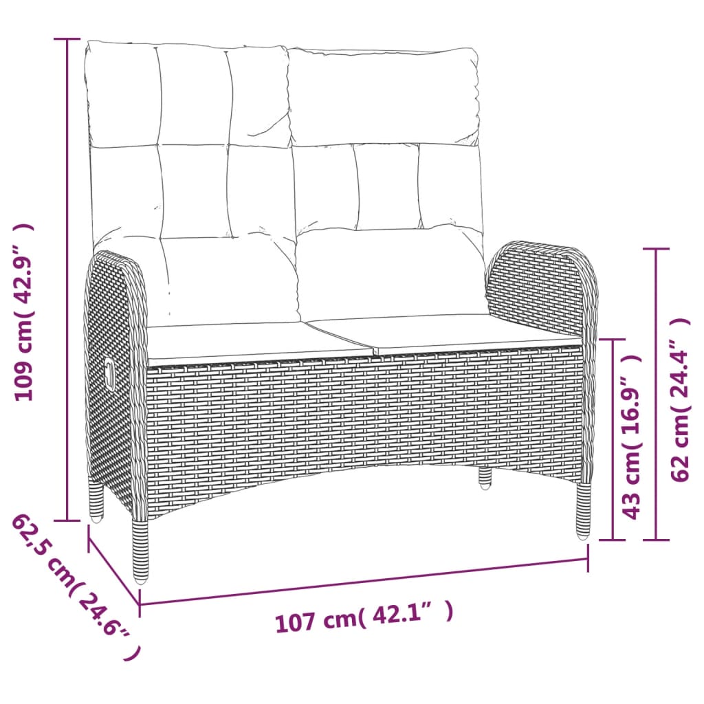 Reclining Patio Bench With Cushions 42.1&quot; Poly Rattan