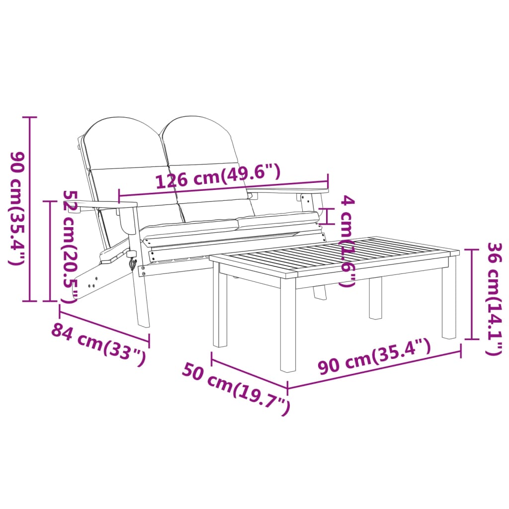 2 Piece Adirondack Patio Lounge Set Solid Wood Acacia