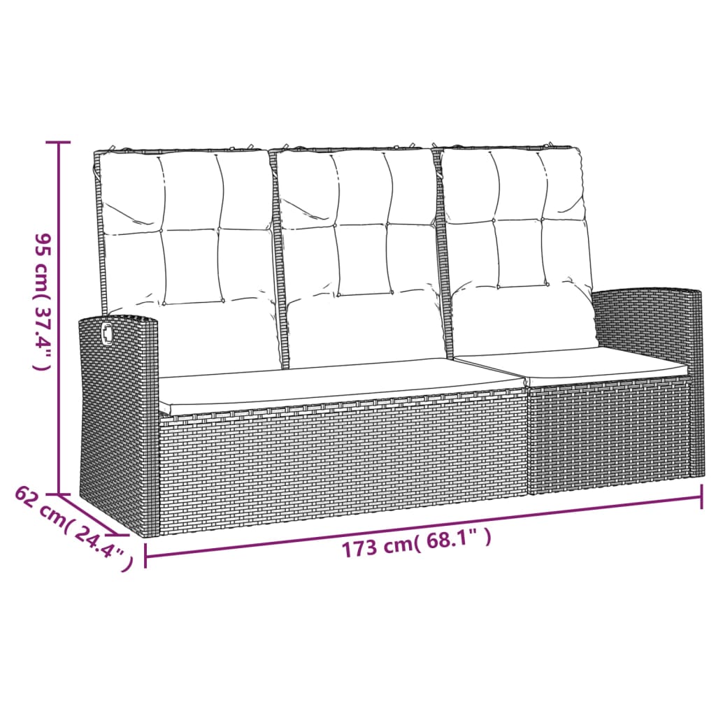 Reclining Patio Bench With Cushions 68.1&quot; Poly Rattan