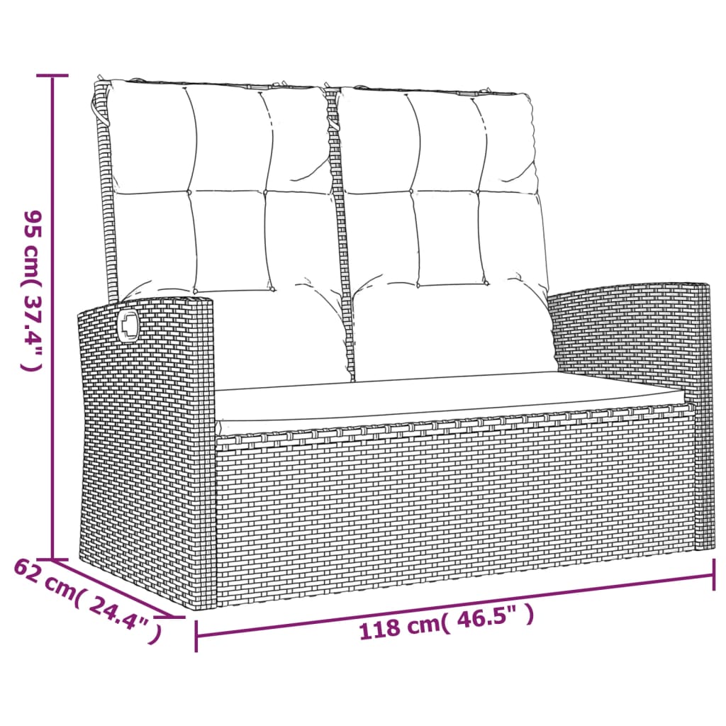 Reclining Patio Bench With Cushions 46.5&quot; Poly Rattan