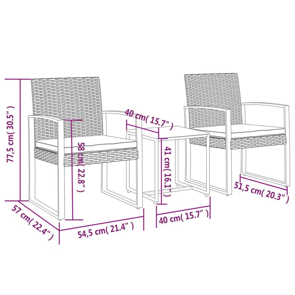 3 Piece Patio Dining Set With Cushions Pp Rattan