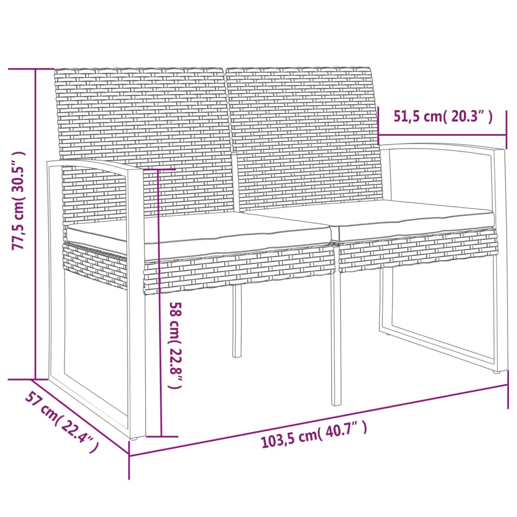 2-Seater Patio Bench With Cushions Pp Rattan