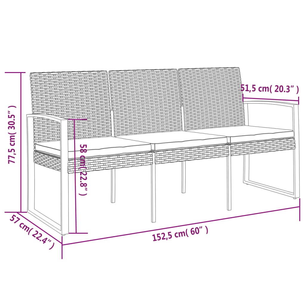 3-Seater Patio Bench With Cushions Pp Rattan