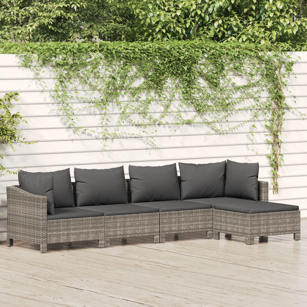 5 Piece Patio Lounge Set With Cushions Gray Poly Rattan