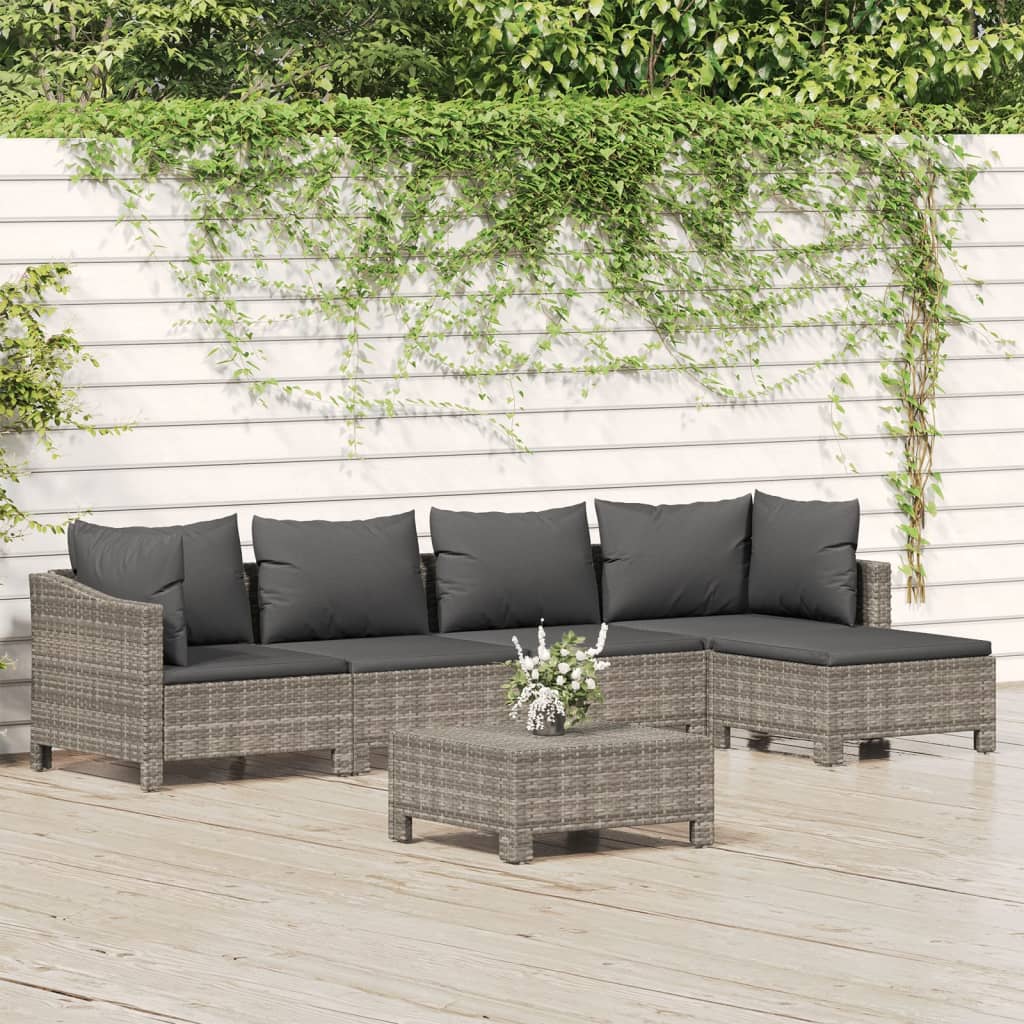 5 Piece Patio Lounge Set With Cushions Gray Poly Rattan