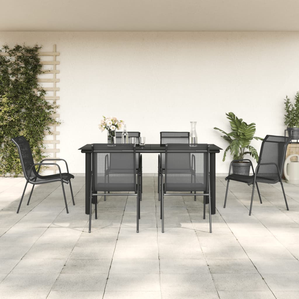 7 Piece Patio Dining Set Black Steel And Textilene