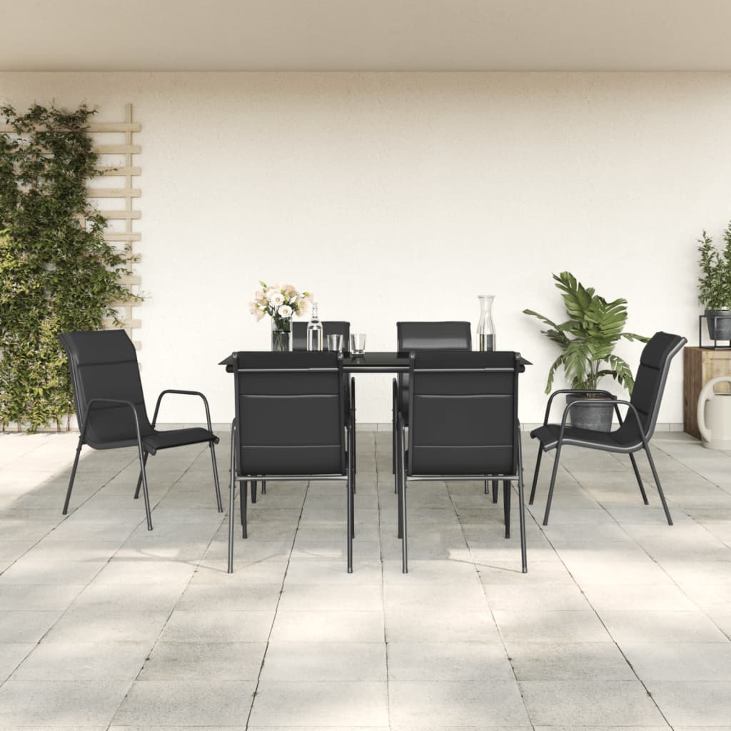 7 Piece Patio Dining Set Black Steel And Textilene