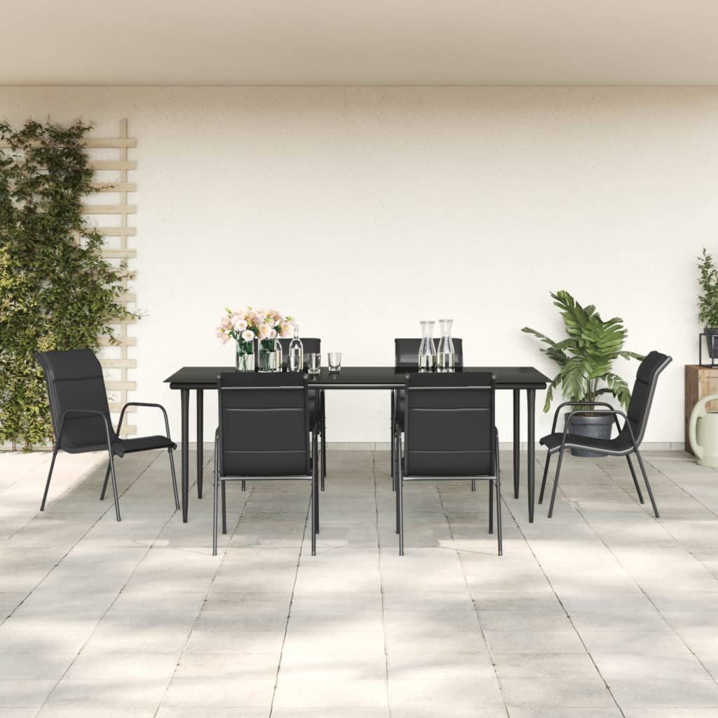 7 Piece Patio Dining Set Black Steel And Textilene