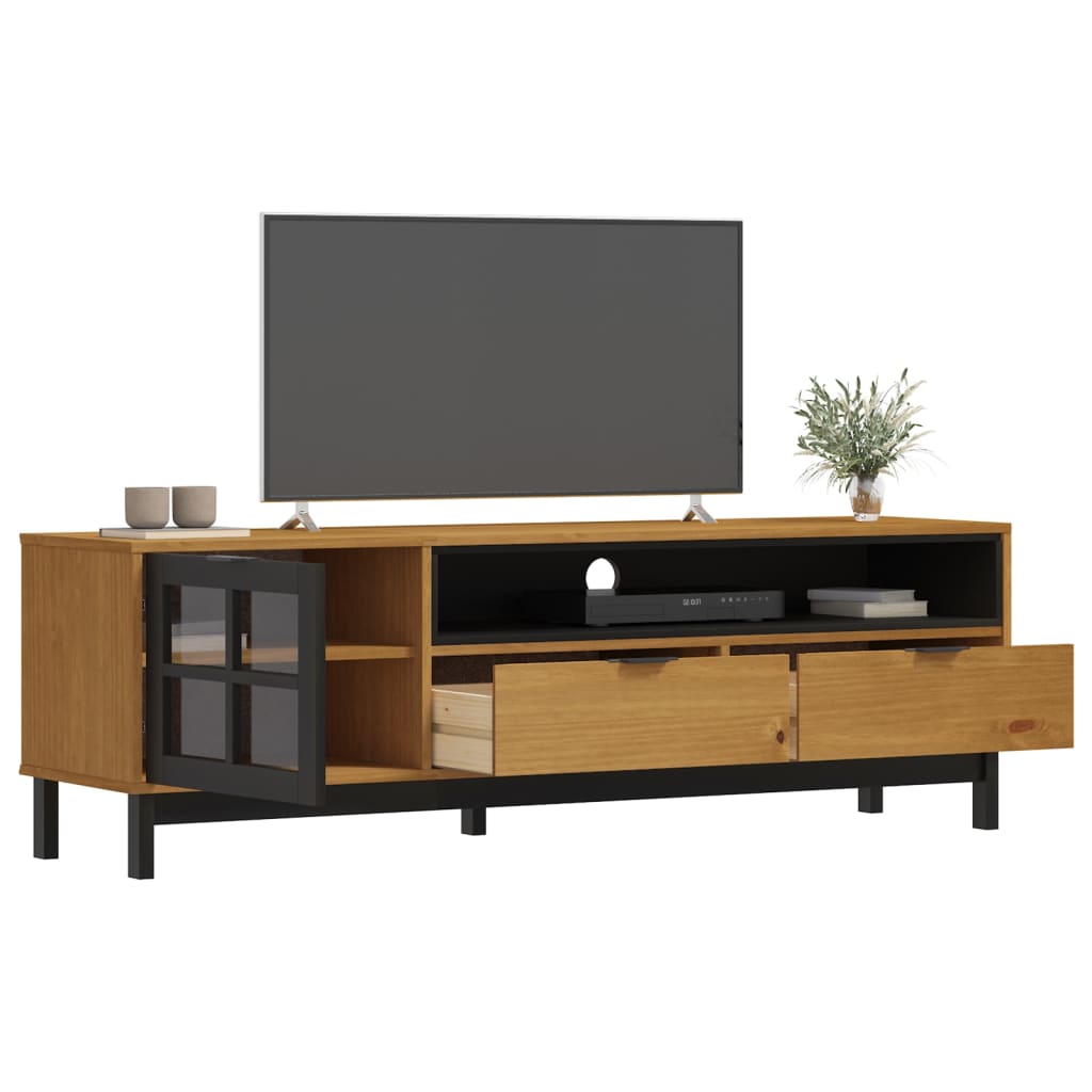 Tv Stand With Glass Door Flam 62.2&quot;X15.7&quot;X19.7&quot; Solid Wood Pine