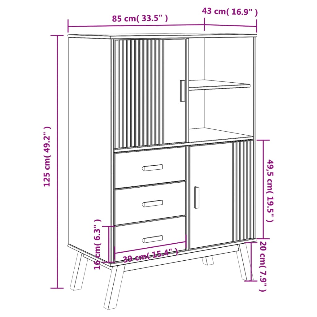 Highboard Olden 33.5&quot;X16.9&quot;X49.2&quot; Solid Wood Pine