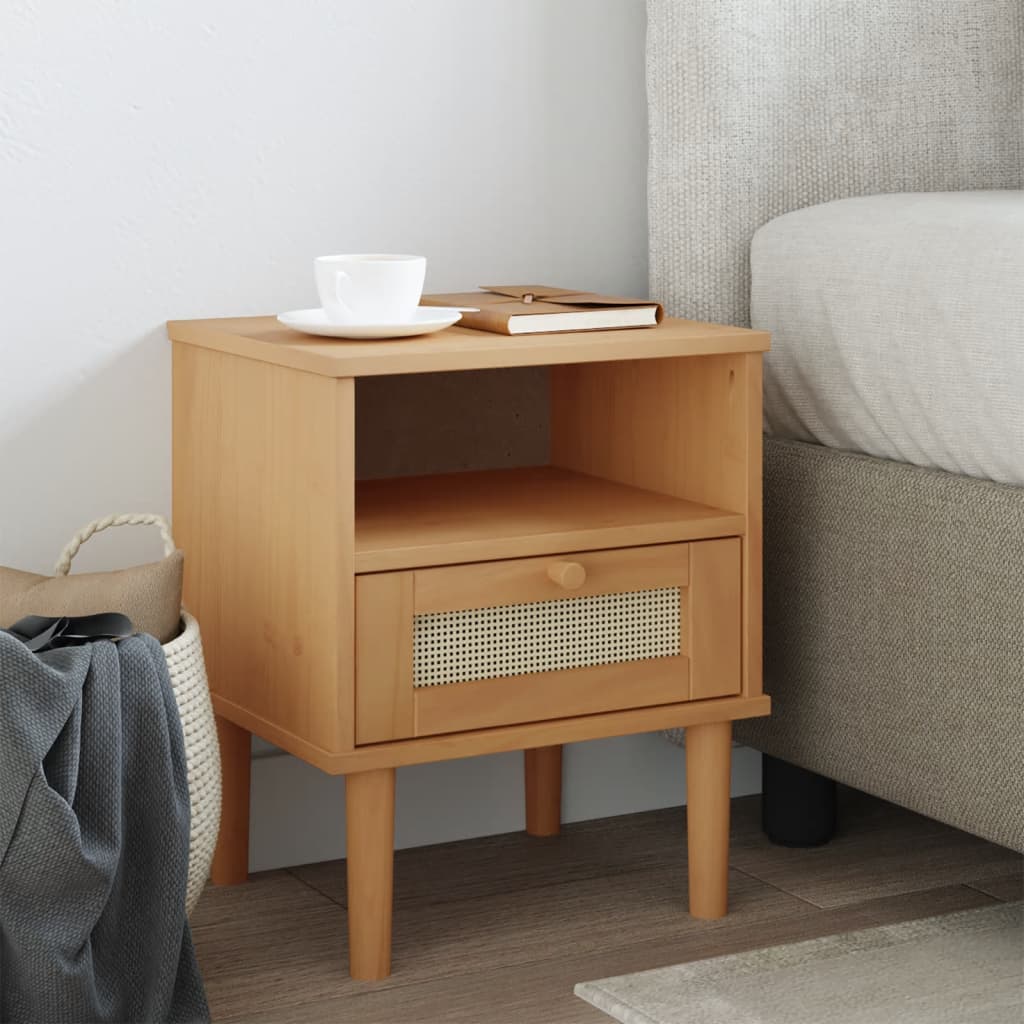 Bedside Cabinet Senja Rattan Look 15.7&quot;X13.8&quot;X18.9&quot; Solid Wood Pine