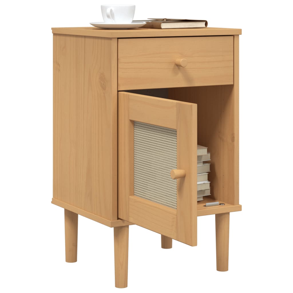 Bedside Cabinet Senja Rattan Look 15.7&quot;X13.8&quot;X25.6&quot; Solid Wood Pine