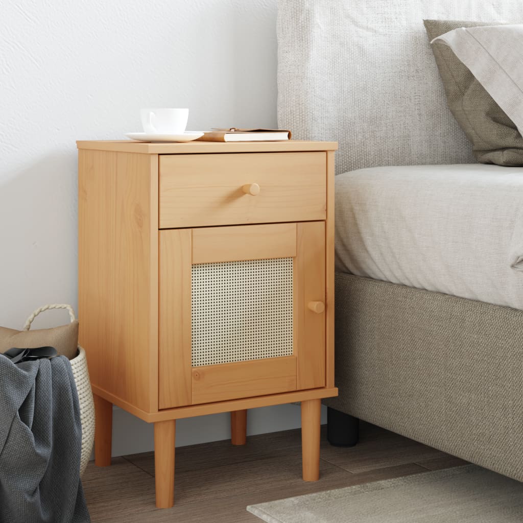 Bedside Cabinet Senja Rattan Look 15.7&quot;X13.8&quot;X25.6&quot; Solid Wood Pine