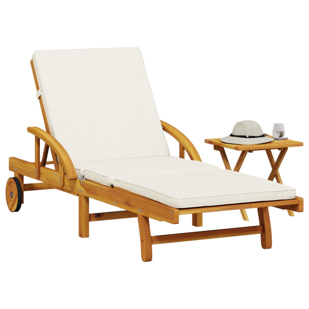 Sun Lounger With Cushion Solid Acacia Wood