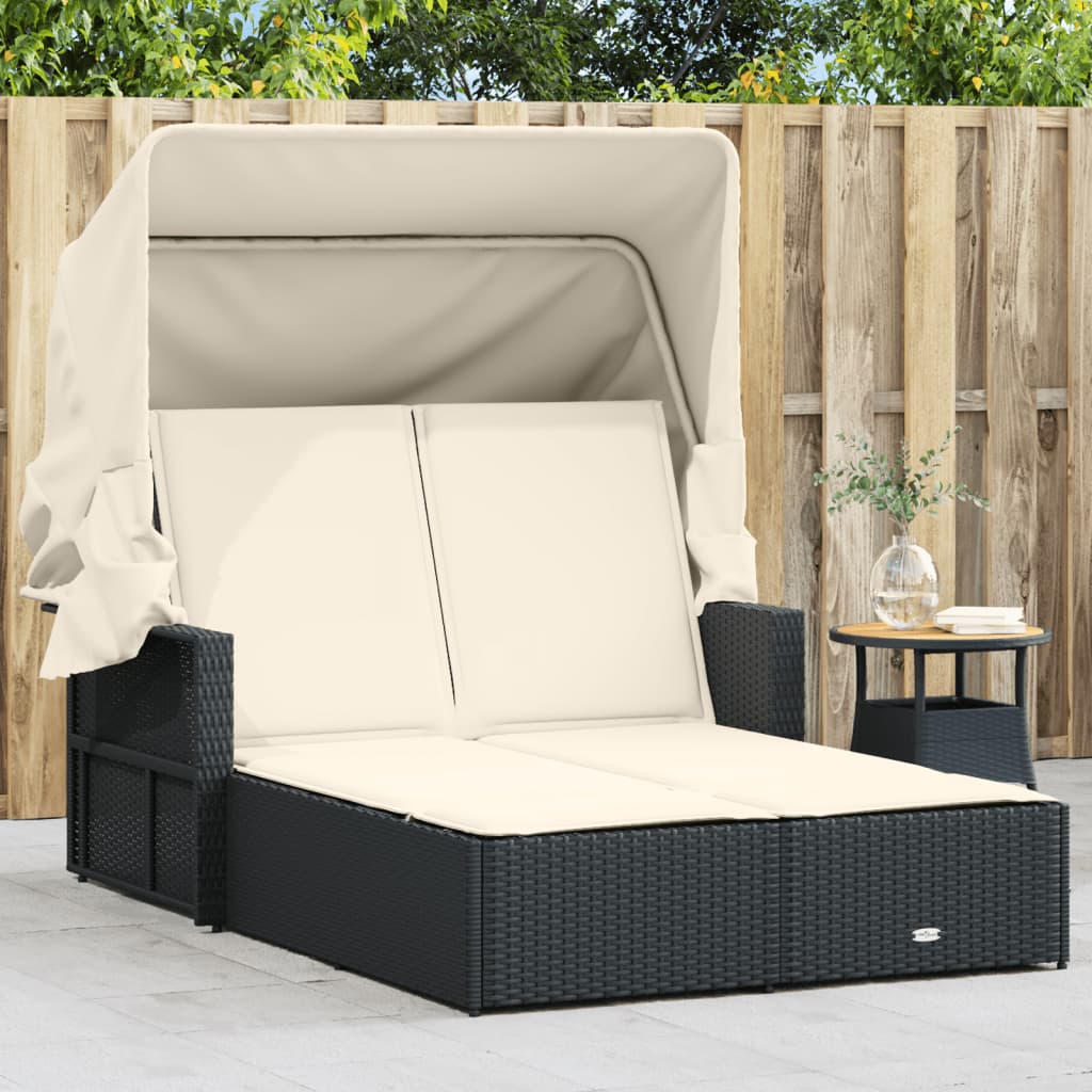 Double Sun Lounger With Canopy And Cushions Poly Rattan