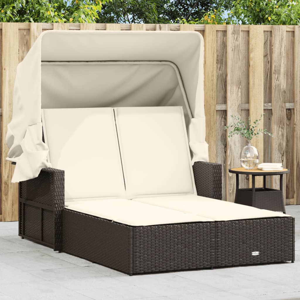 Double Sun Lounger With Canopy And Cushions Poly Rattan