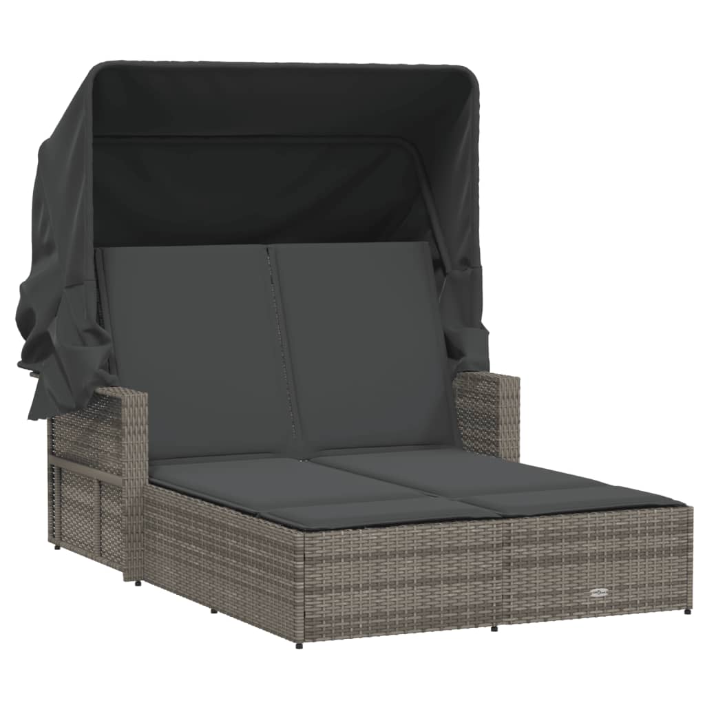 Double Sun Lounger With Canopy And Cushions Poly Rattan