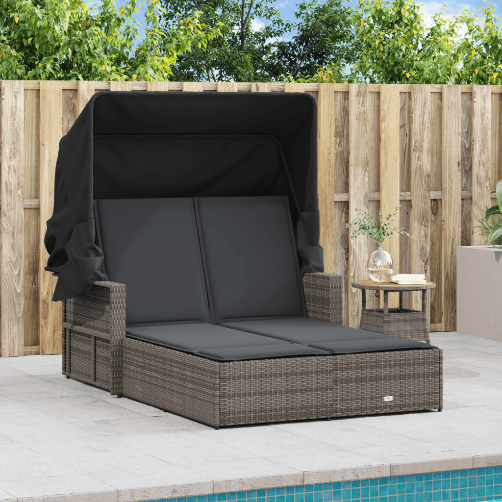 Double Sun Lounger With Canopy And Cushions Poly Rattan