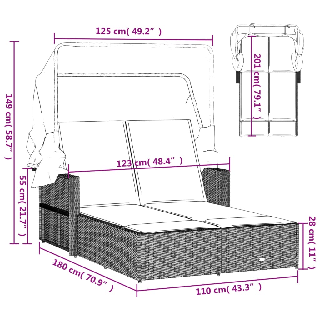 Double Sun Lounger With Canopy And Cushions Poly Rattan