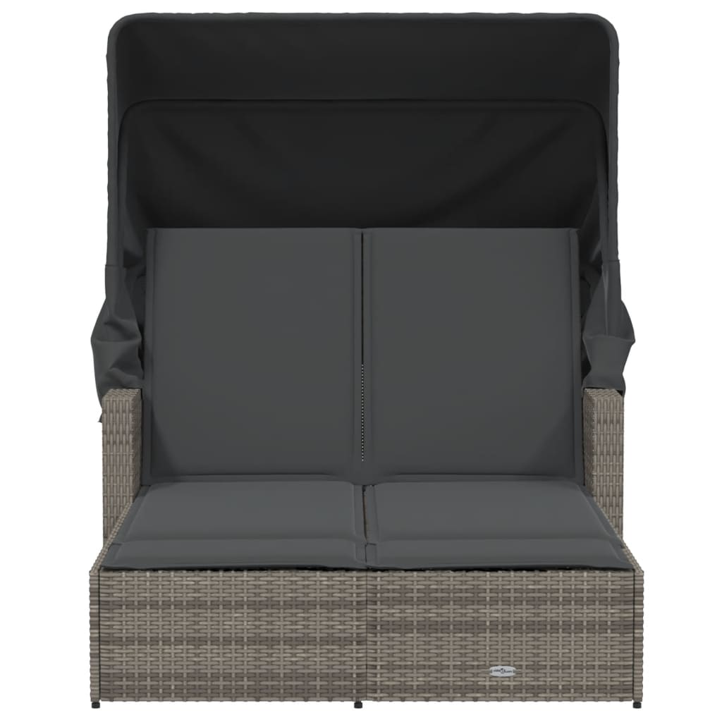 Double Sun Lounger With Canopy And Cushions Poly Rattan