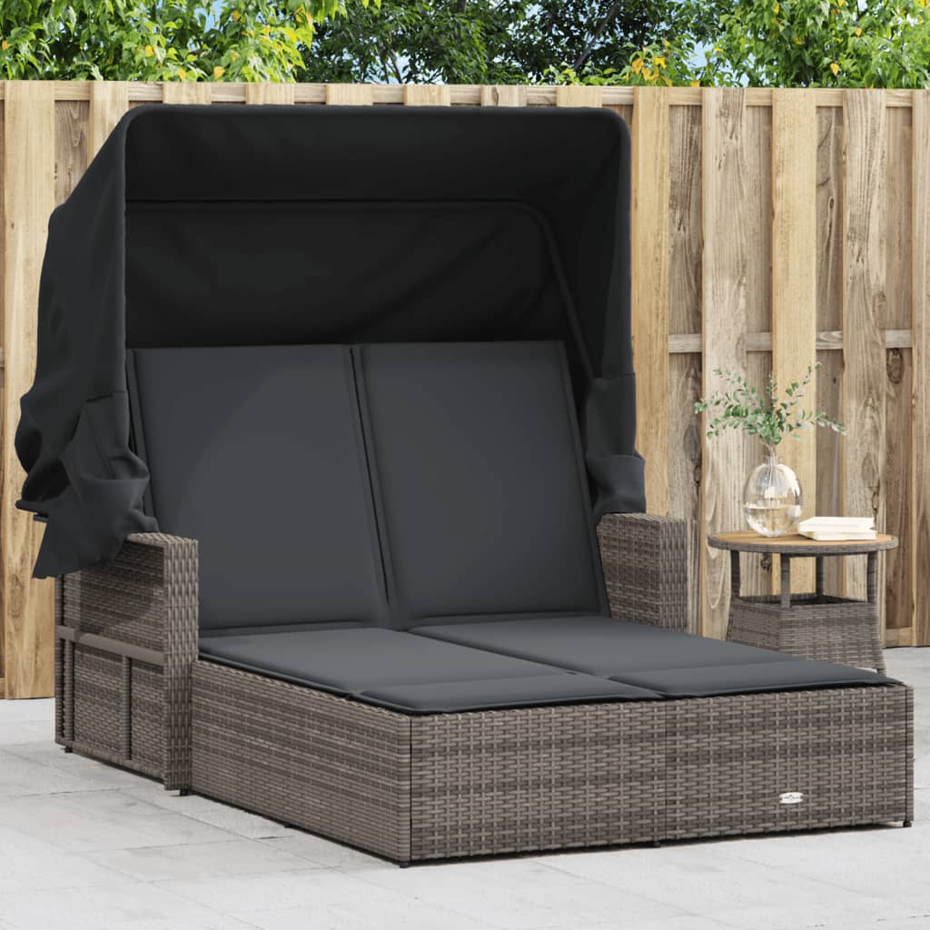 Double Sun Lounger With Canopy And Cushions Poly Rattan