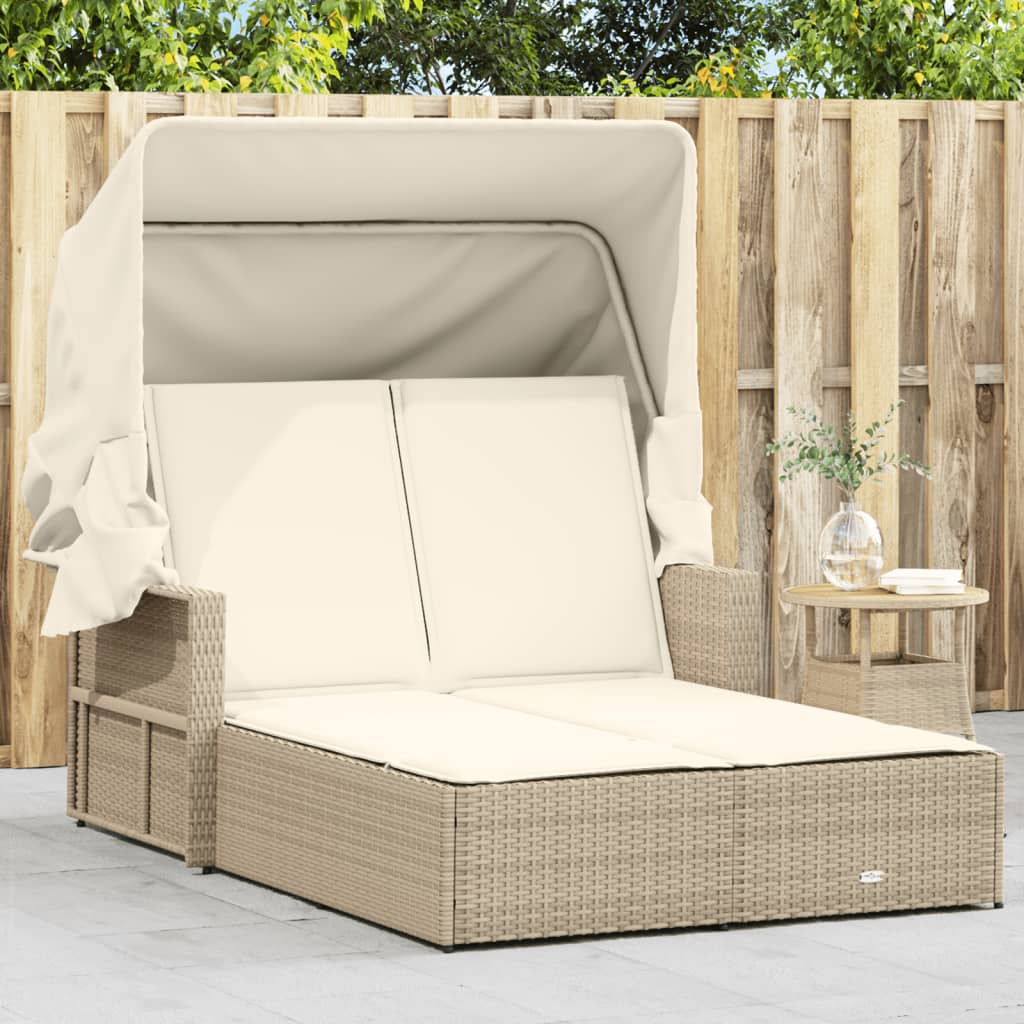 Double Sun Lounger With Canopy And Cushions Poly Rattan