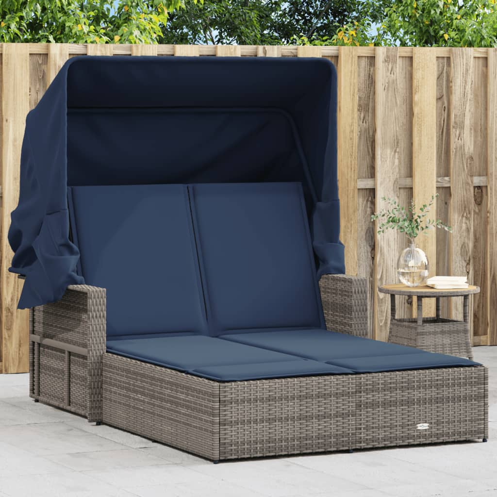 Double Sun Lounger With Canopy And Cushions Brown Poly Rattan