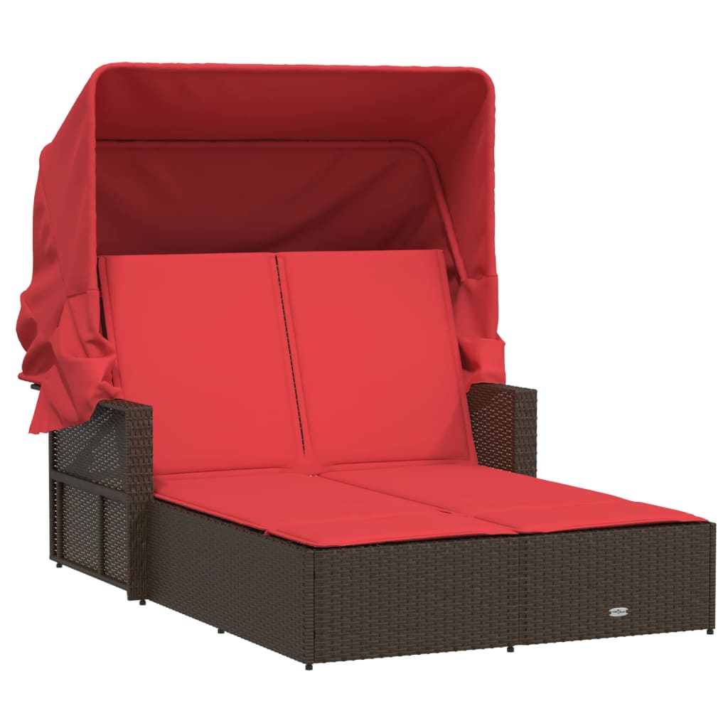 Double Sun Lounger With Canopy And Cushions Brown Poly Rattan