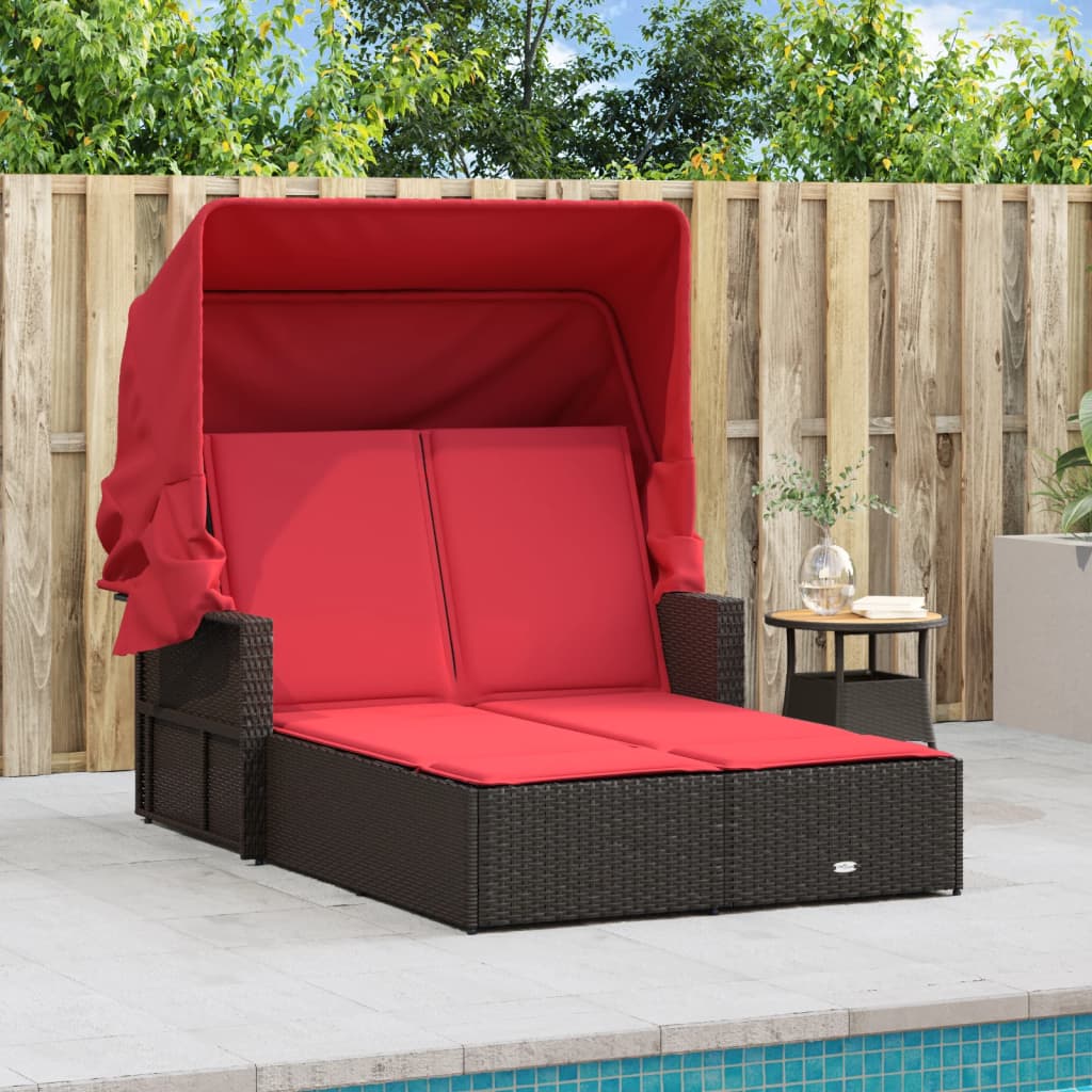 Double Sun Lounger With Canopy And Cushions Brown Poly Rattan