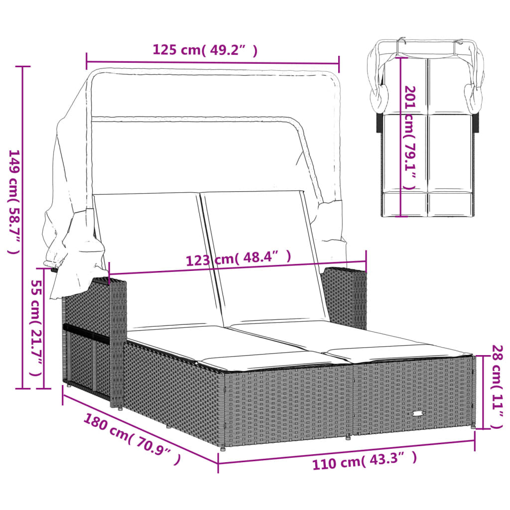 Double Sun Lounger With Canopy And Cushions Brown Poly Rattan