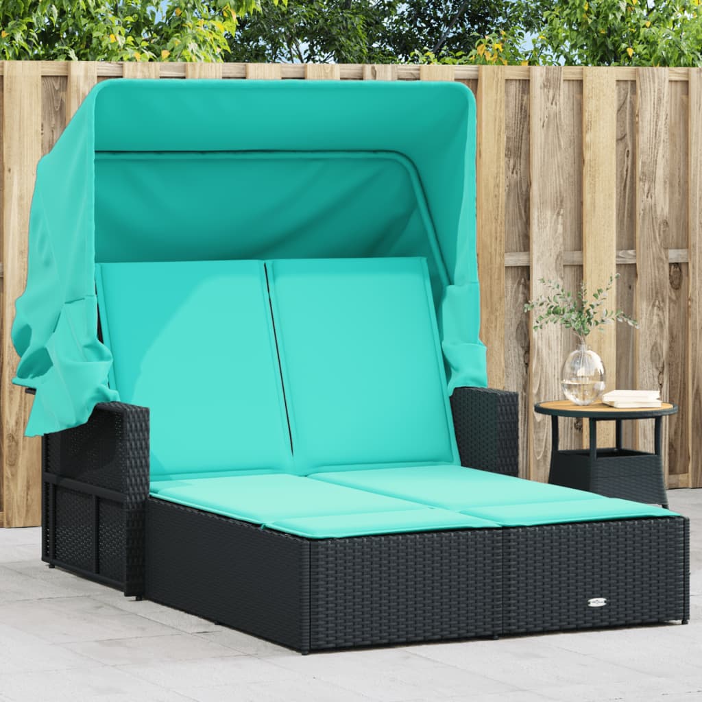 Double Sun Lounger With Canopy And Cushions Brown Poly Rattan