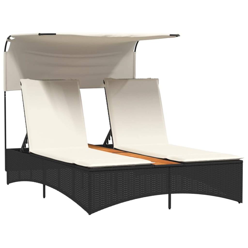 Double Sun Lounger With Canopy And Cushions Poly Rattan