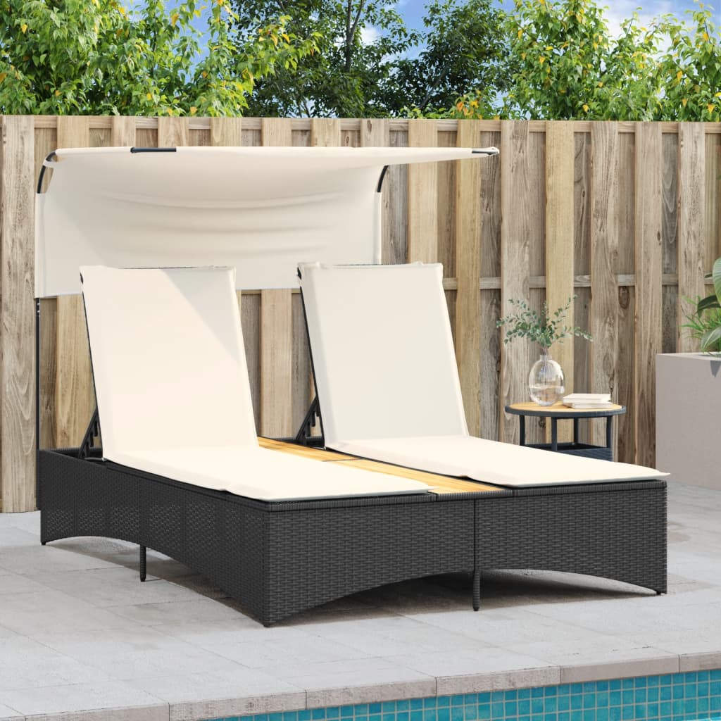 Double Sun Lounger With Canopy And Cushions Poly Rattan