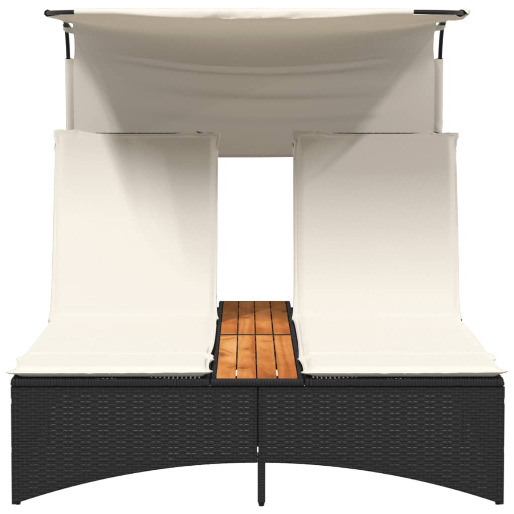 Double Sun Lounger With Canopy And Cushions Poly Rattan