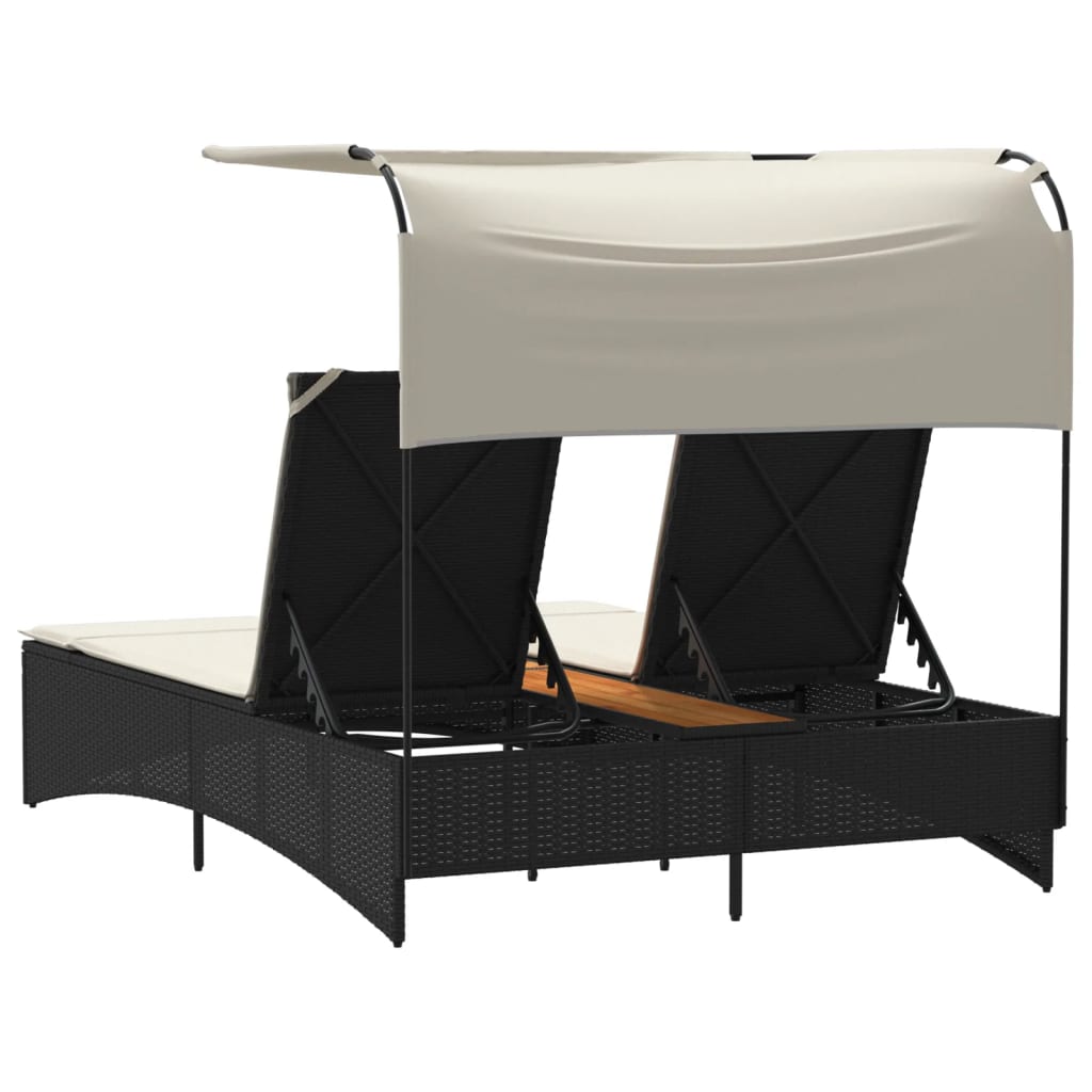 Double Sun Lounger With Canopy And Cushions Poly Rattan