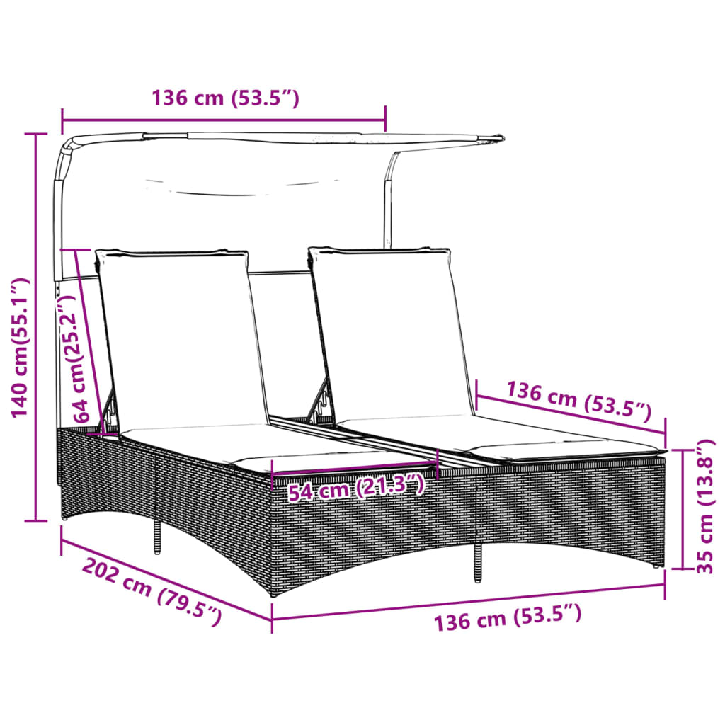 Double Sun Lounger With Canopy And Cushions Poly Rattan