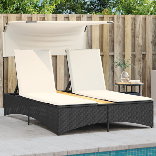 Double Sun Lounger With Canopy And Cushions Poly Rattan