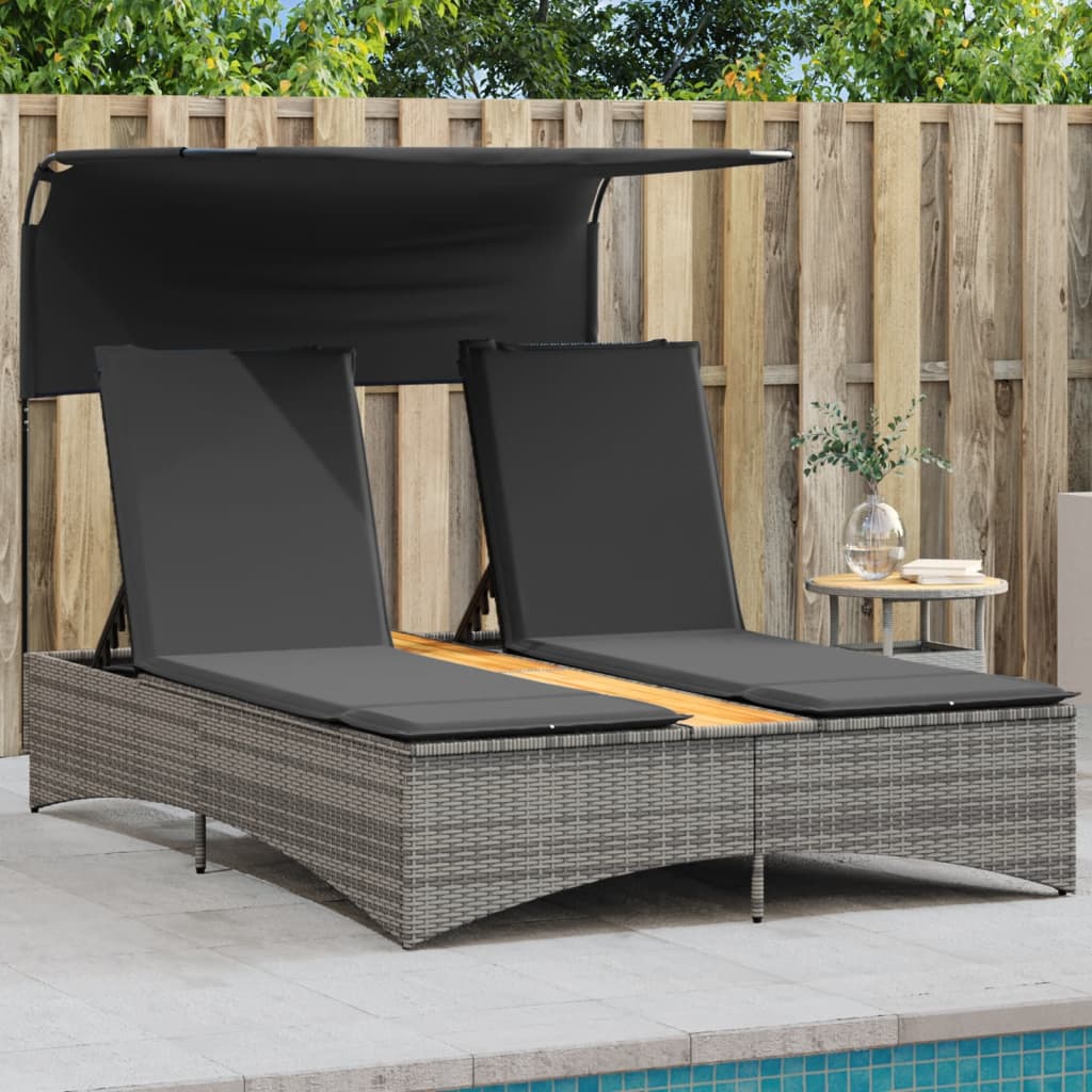 Double Sun Lounger With Canopy And Cushions Poly Rattan