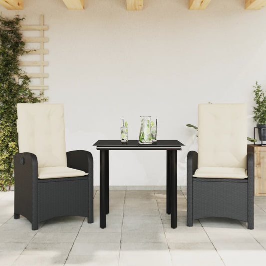 3 Piece Patio Dining Set With Cushions Black Poly Rattan