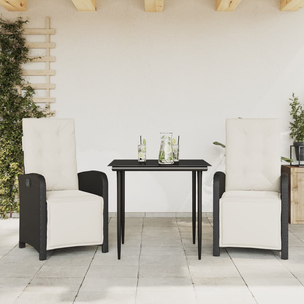 3 Piece Bistro Set With Cushions Black Poly Rattan