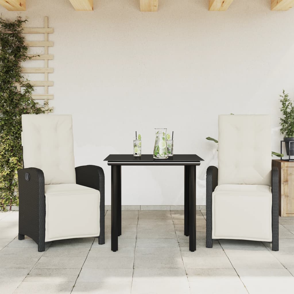 3 Piece Bistro Set With Cushions Black Poly Rattan