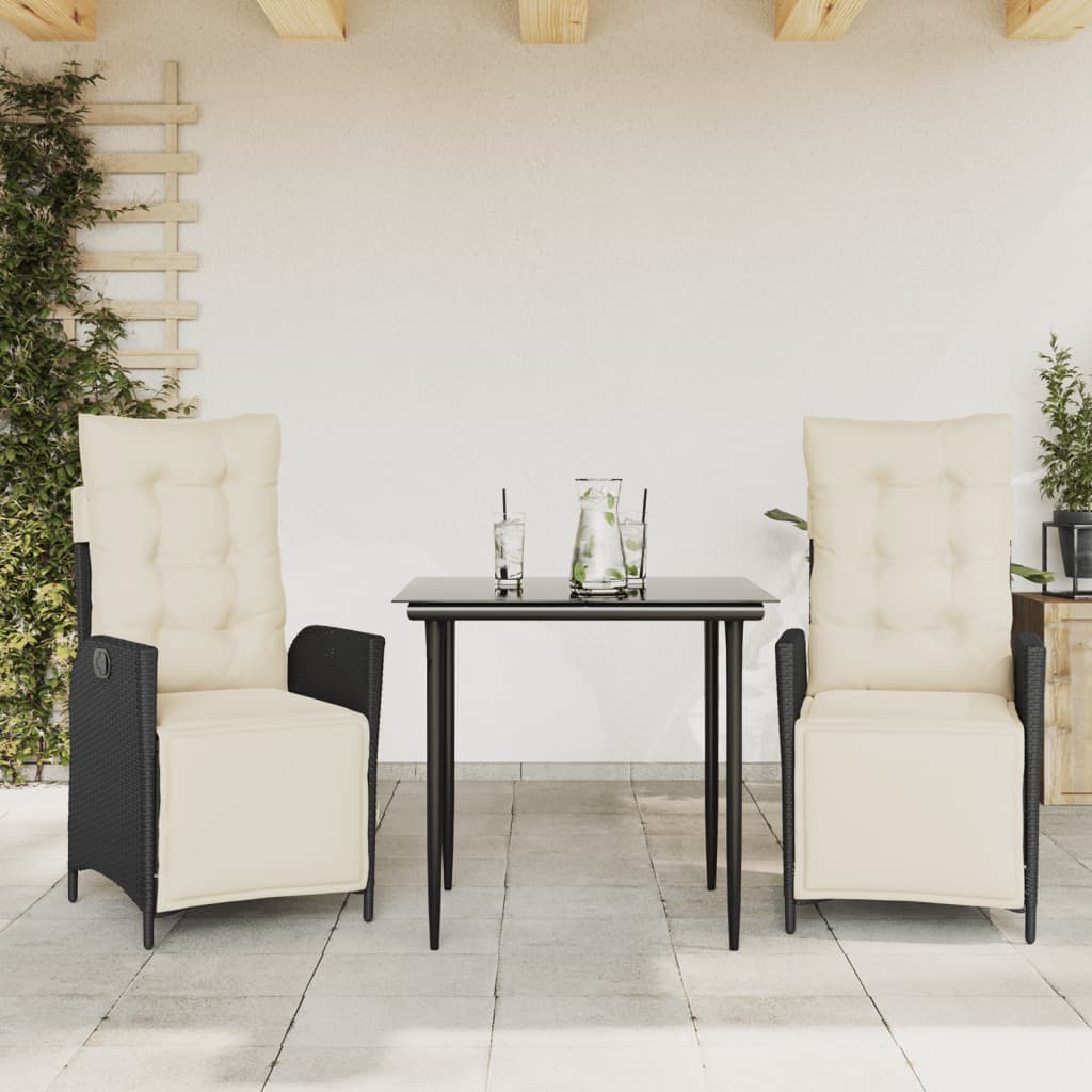 3 Piece Patio Dining Set With Cushions Black Poly Rattan