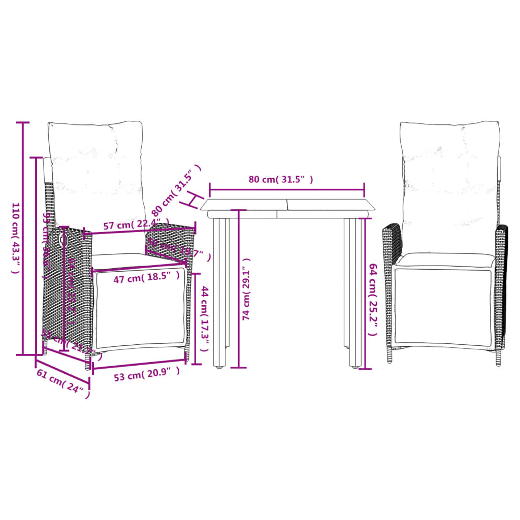 3 Piece Patio Dining Set With Cushions Black Poly Rattan