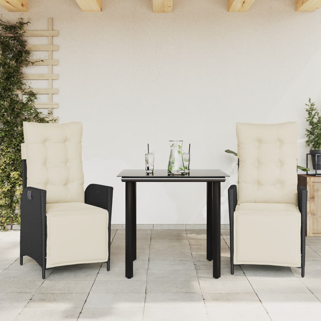 3 Piece Patio Dining Set With Cushions Black Poly Rattan