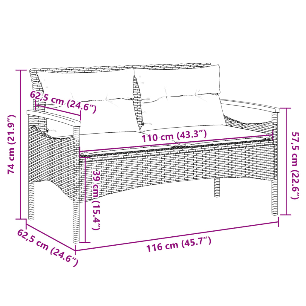 Patio Bench With Cushions 45.7&quot;X24.6&quot;X29.1&quot; Poly Rattan