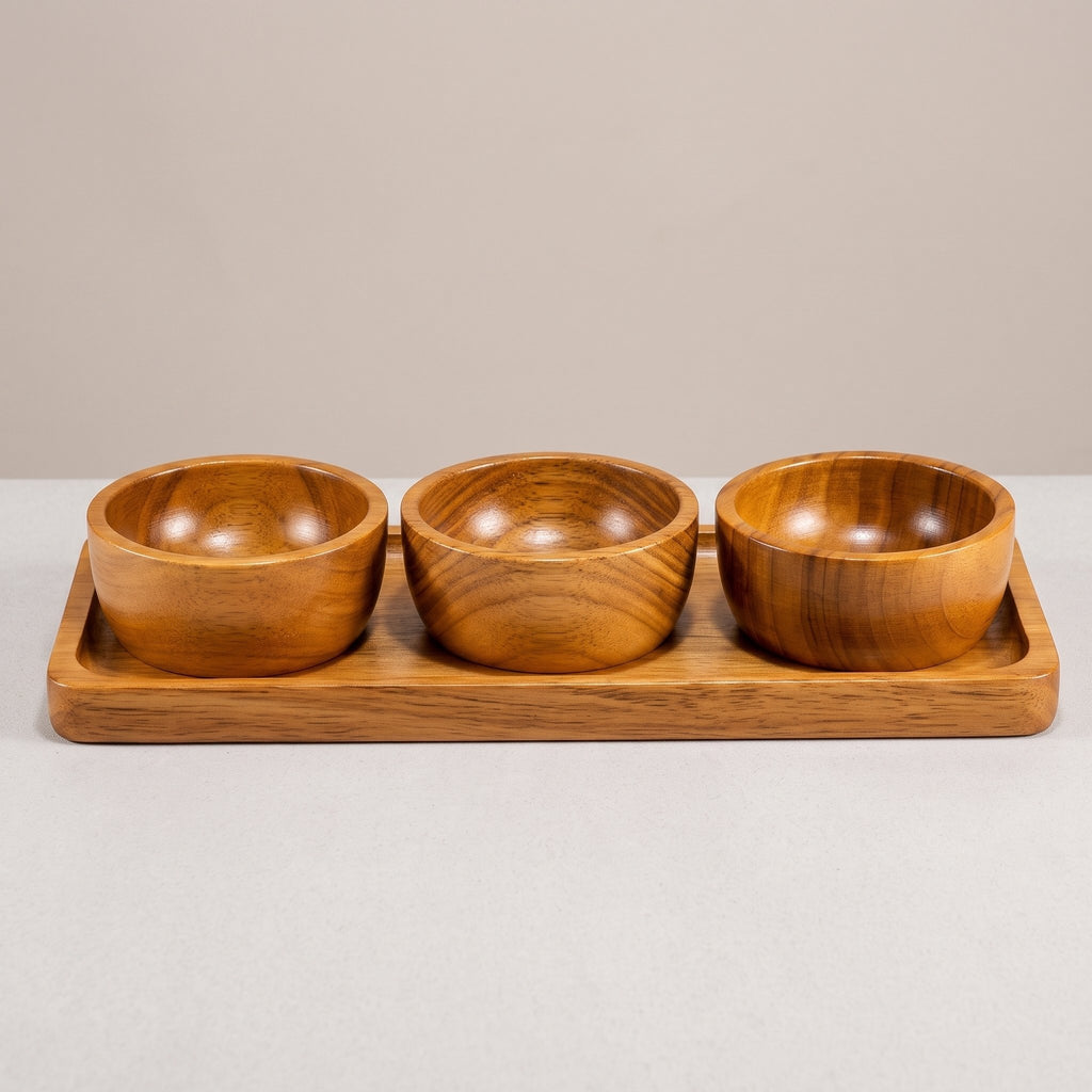 Wooden Serving Tray with 3 Bowls