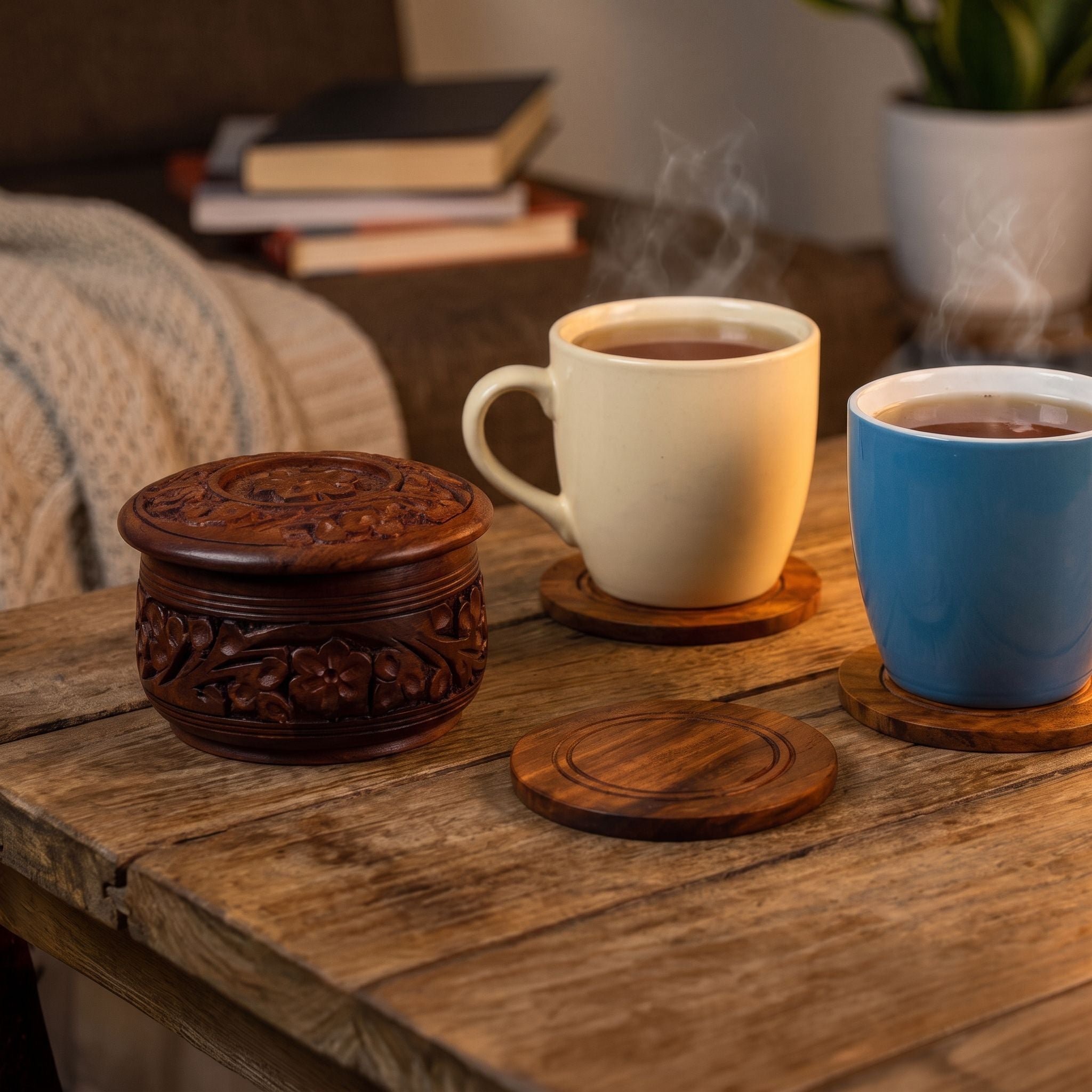 Wooden Coasters Set with Carved Pot