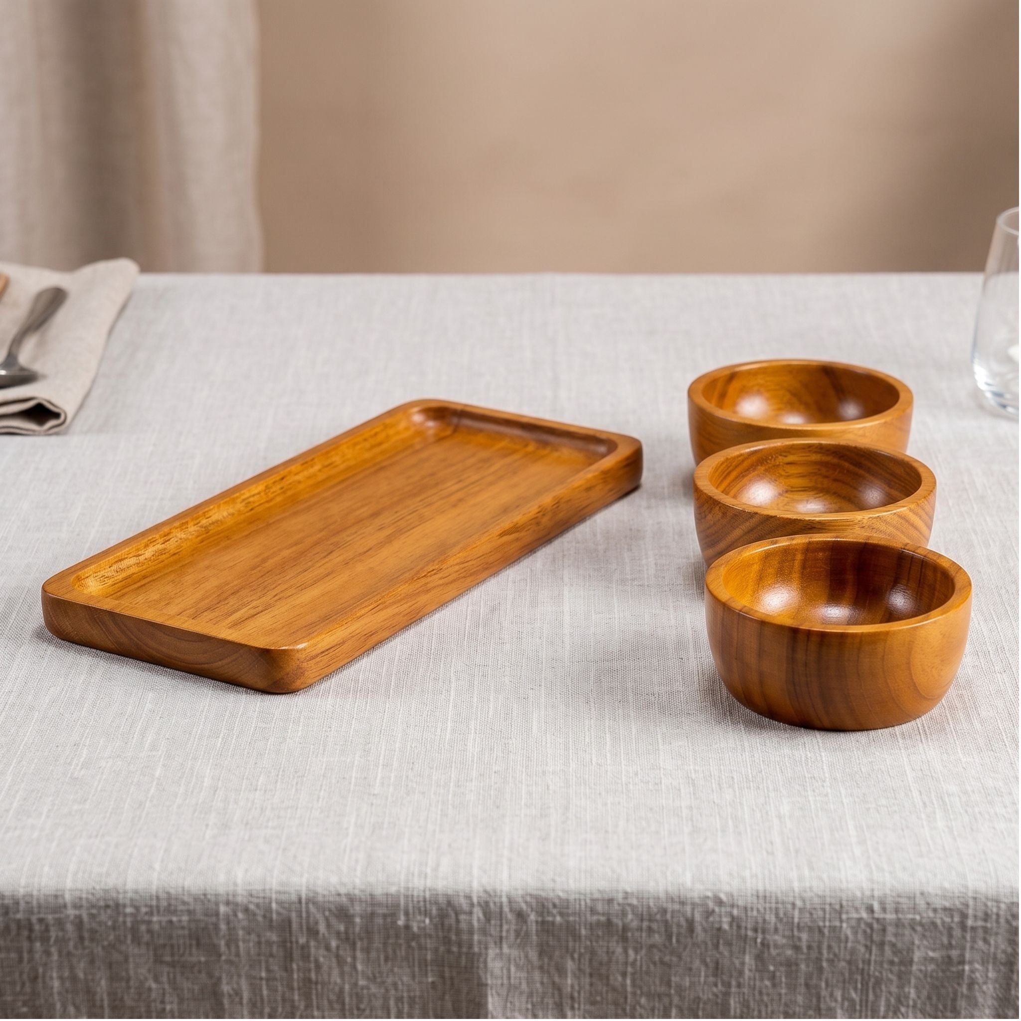 Wooden Serving Tray with 3 Bowls