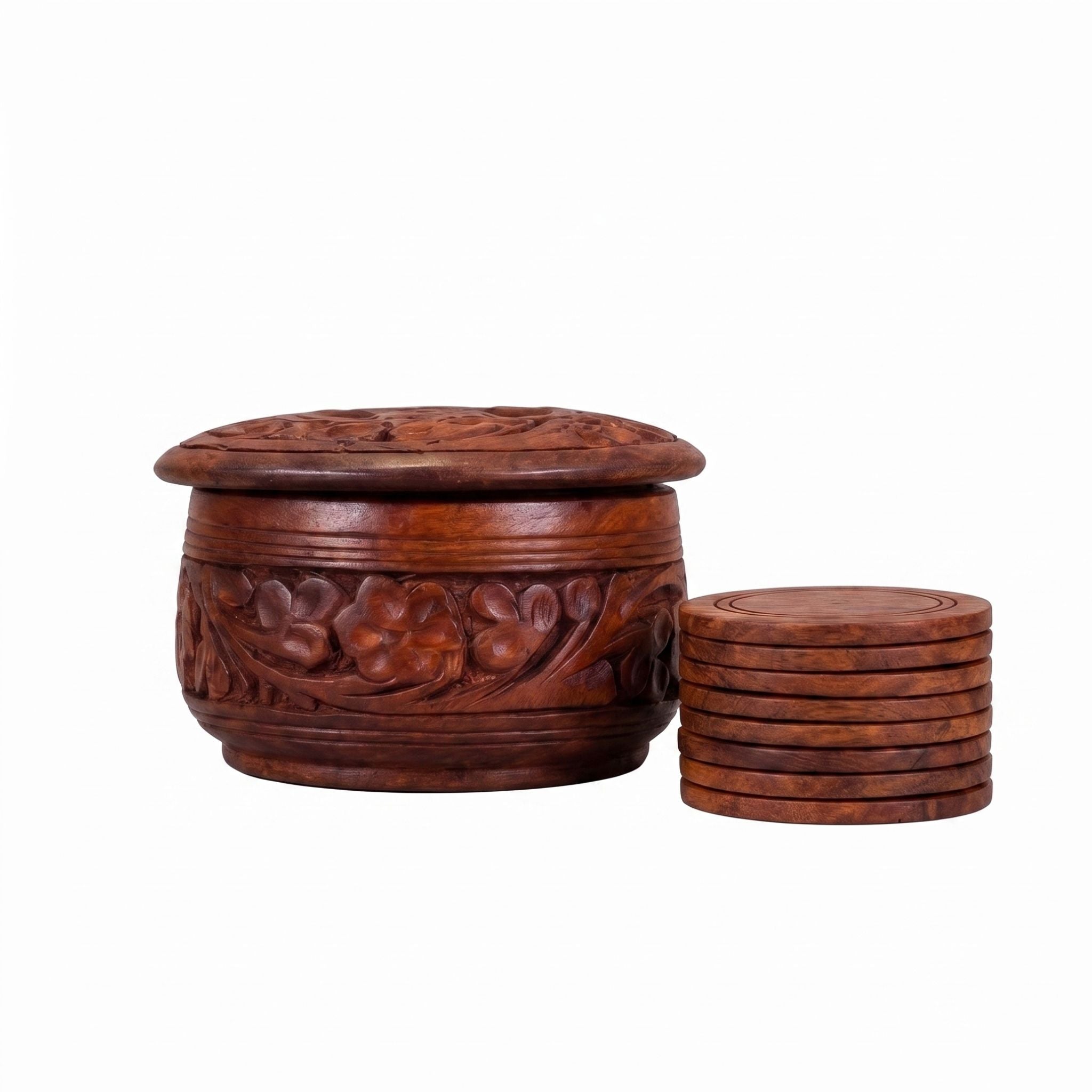 Wooden Coasters Set with Carved Pot